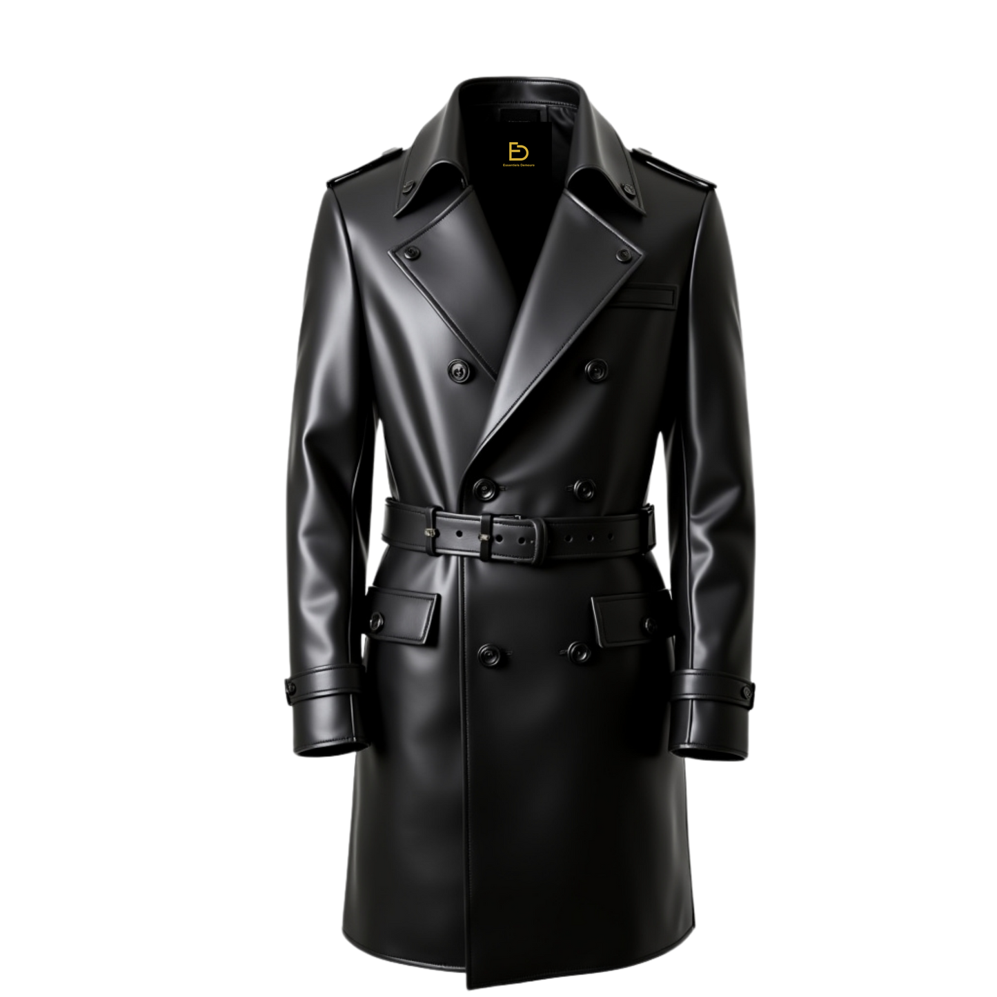 Men's Black Real Leather Trench Coat: Double Breasted, Belted, Full Length Overcoat