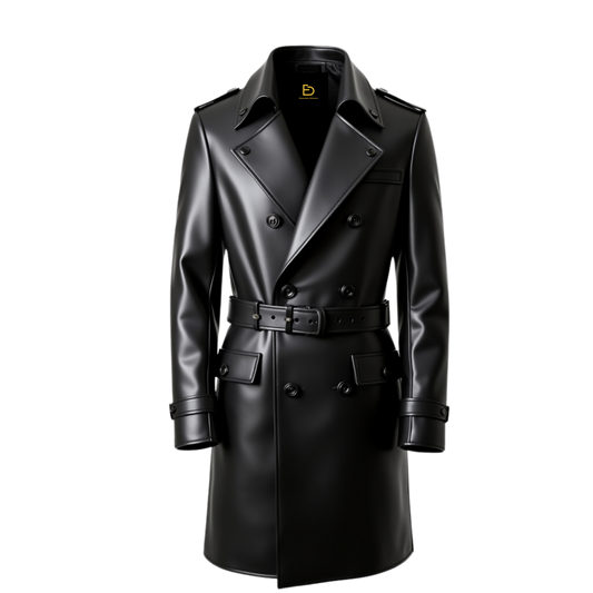 Men's Black Real Leather Trench Coat: Double Breasted, Belted, Full Length Overcoat