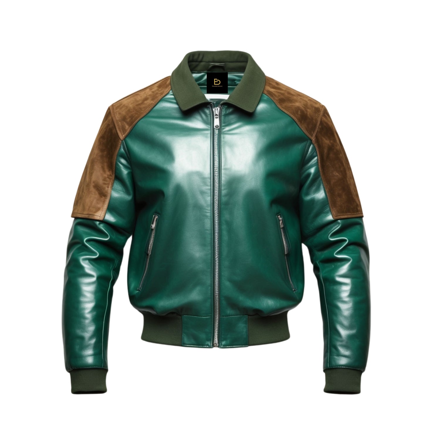 Green Leather Bomber Jacket with Brown Suede Shoulder Panels, Modern Zip Up Style