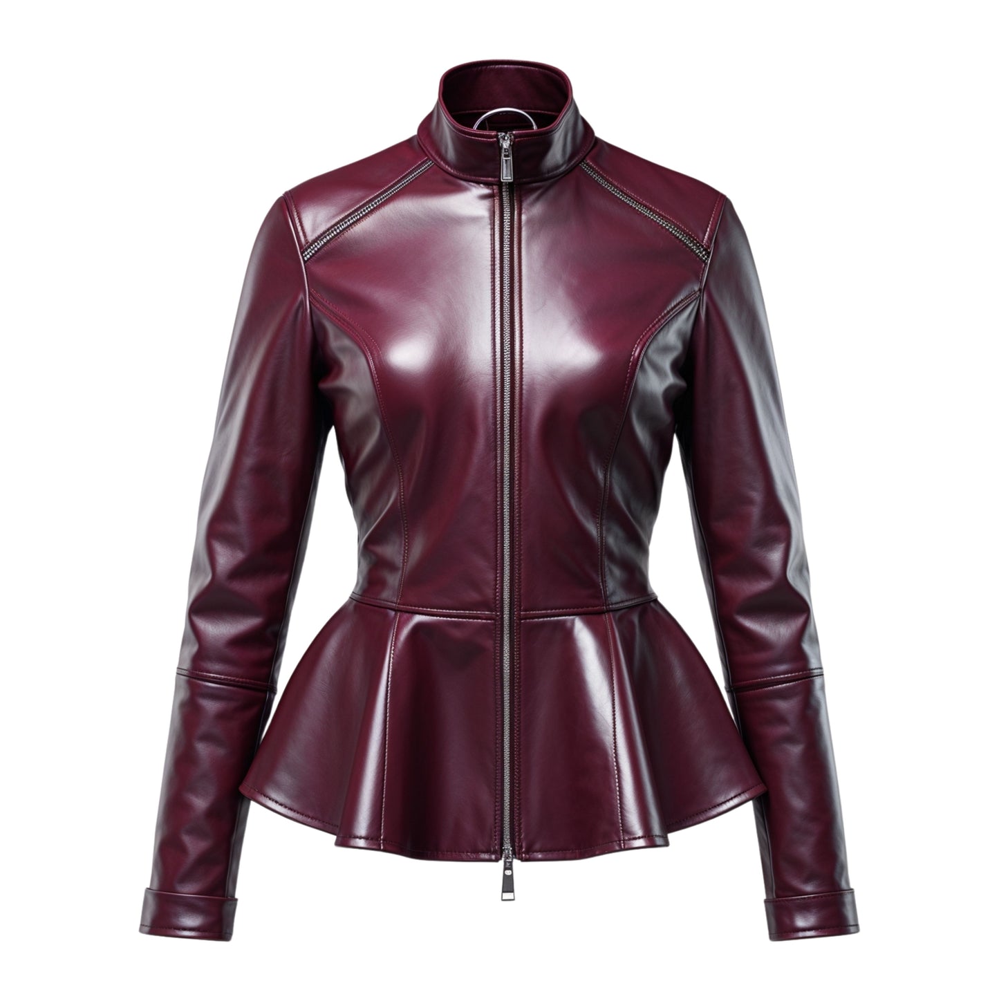 Womens Burgundy Real Leather Peplum Moto Jacket, Stand Collar Zip Front
