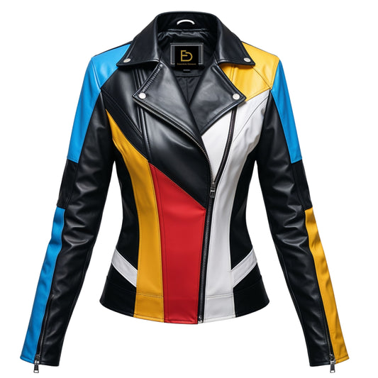 Colorblock Leather Moto Jacket: Asymmetric Zip Biker Style Blue Yellow Red White Panels
