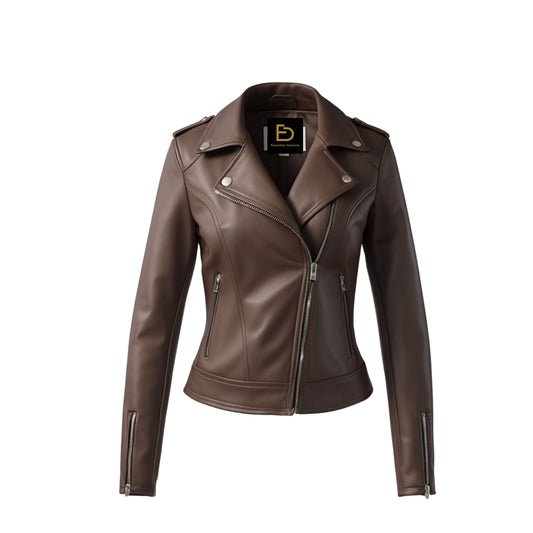 Women's Real Leather Mocha Brown Biker Jacket – Asymmetric Zip Silver Hardware