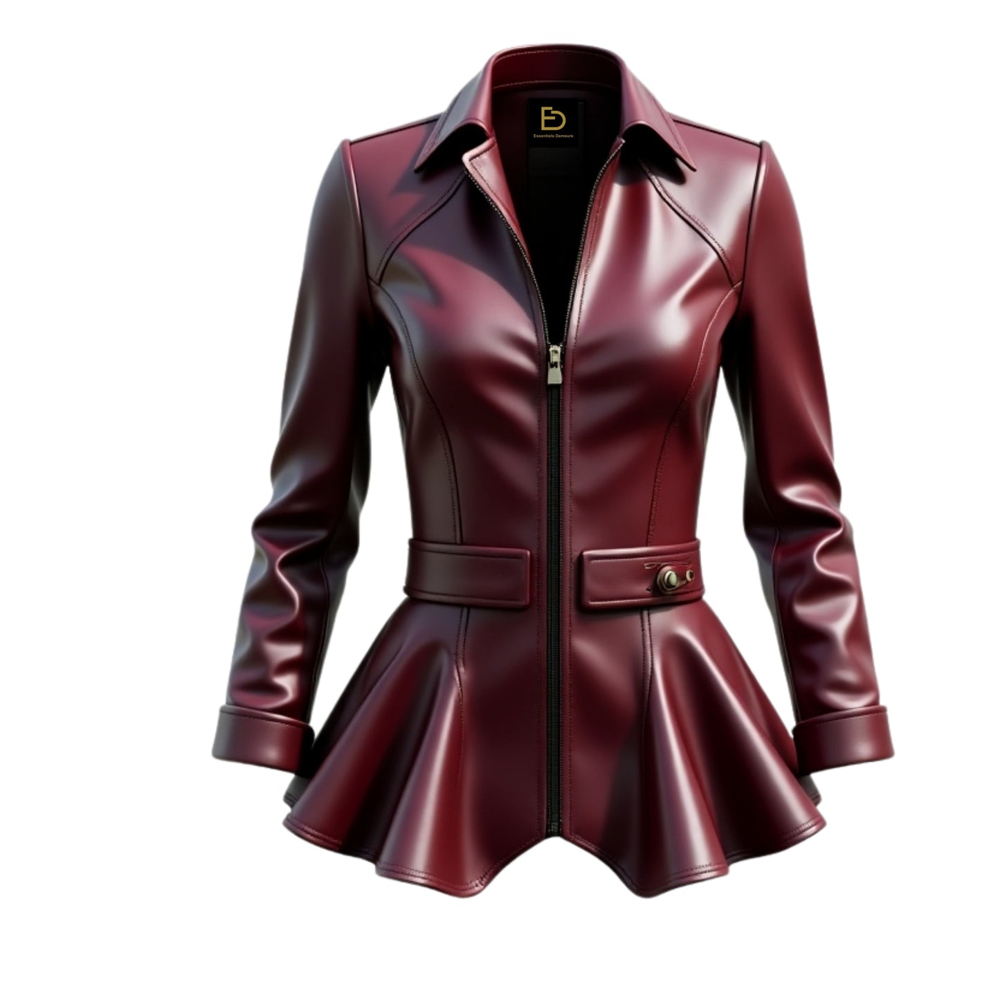 Burgundy Leather Peplum Jacket: Fitted Zip Front Elegant Flared Hem Coat