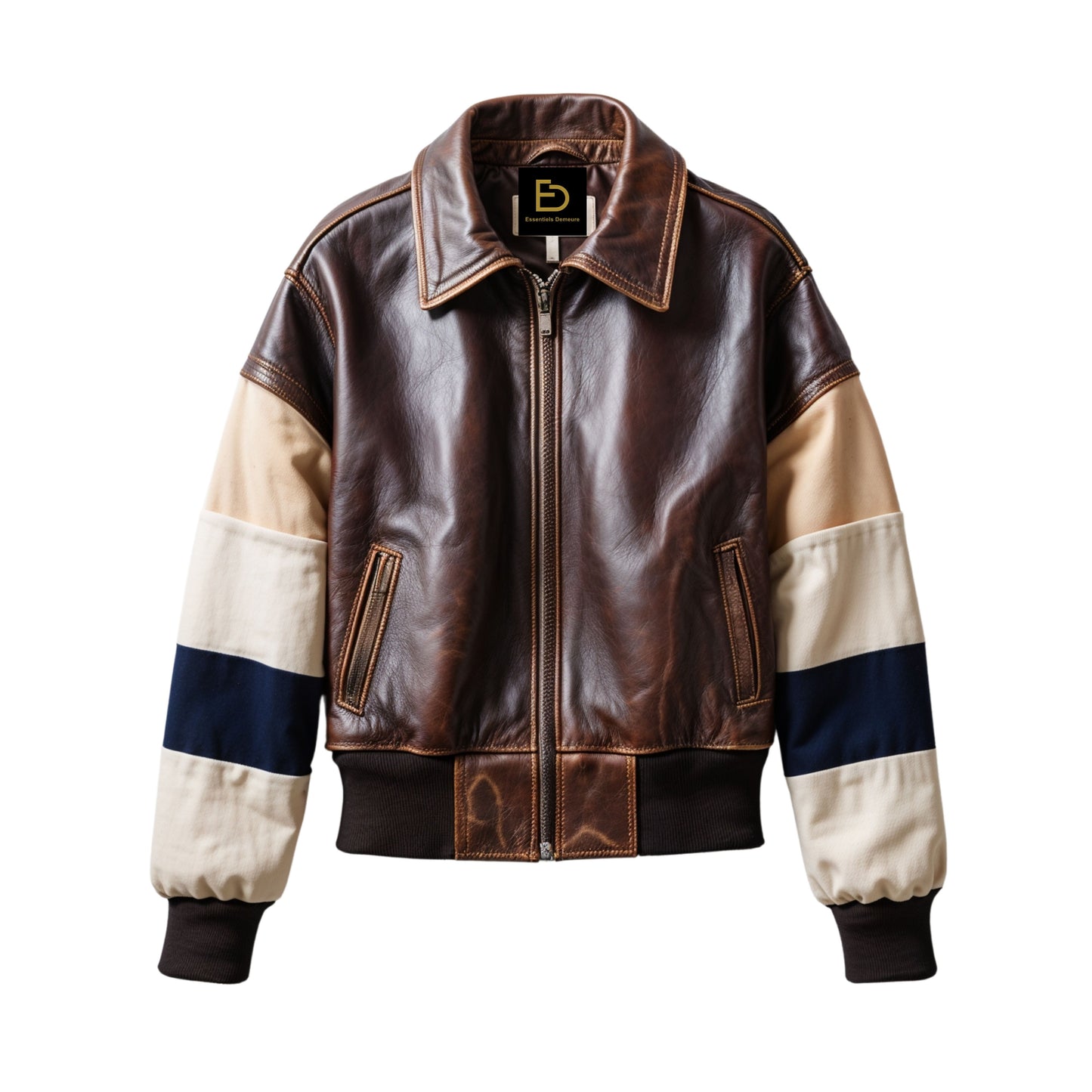 Brown Leather Varsity Bomber Jacket with Navy Stripe Sleeves – Sporty Retro Style