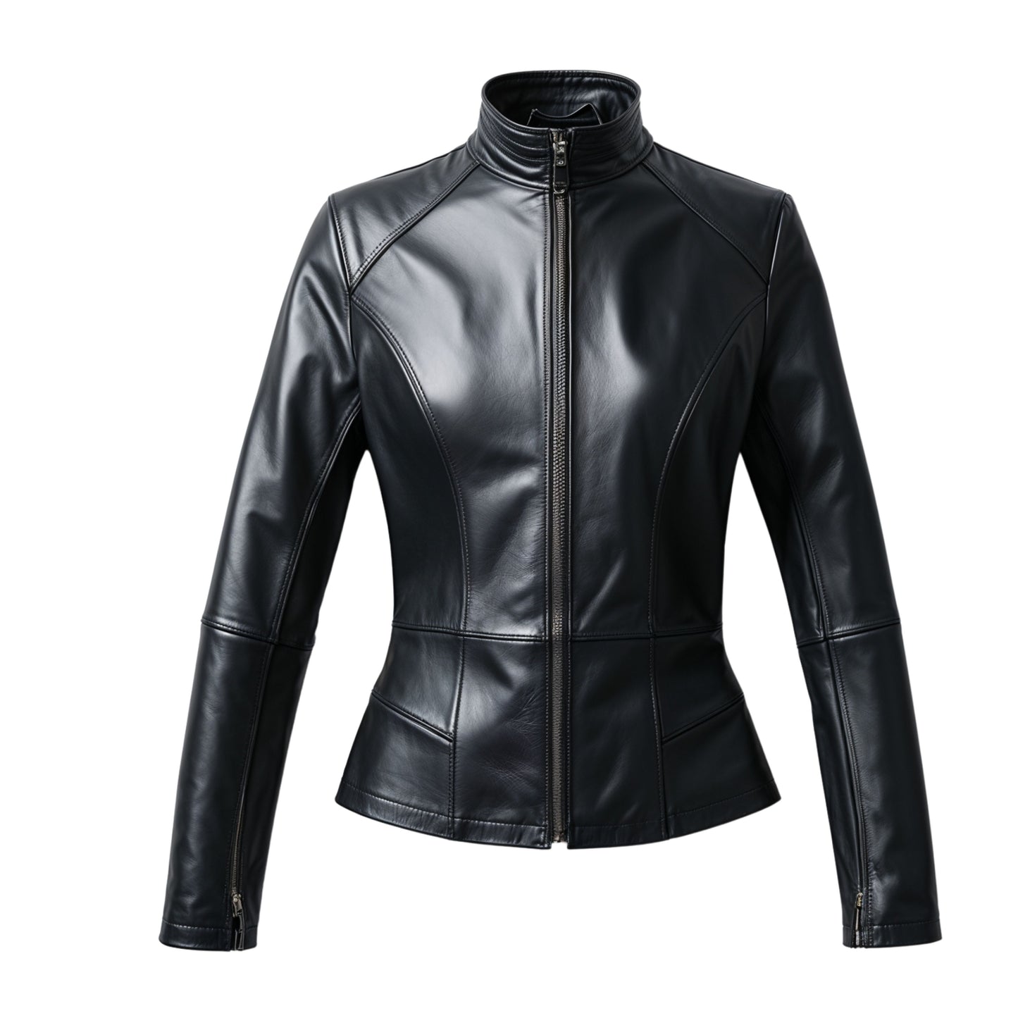 Womens Black Real Leather Moto Jacket – Stand Collar Slim Fit Panels
