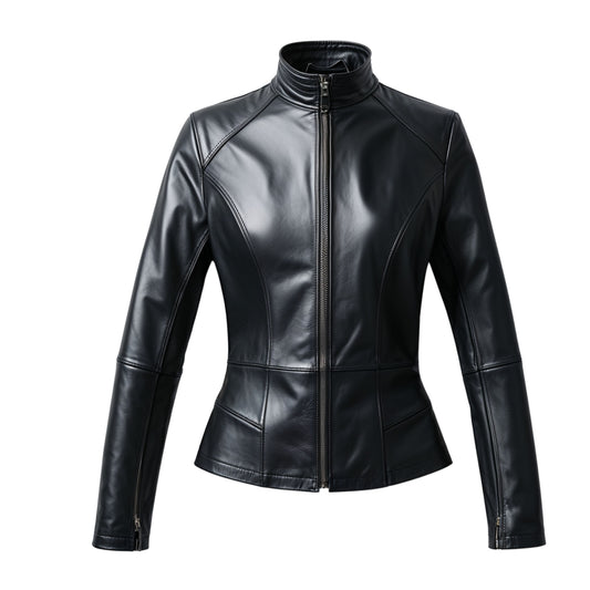 Womens Black Real Leather Moto Jacket – Stand Collar Slim Fit Panels