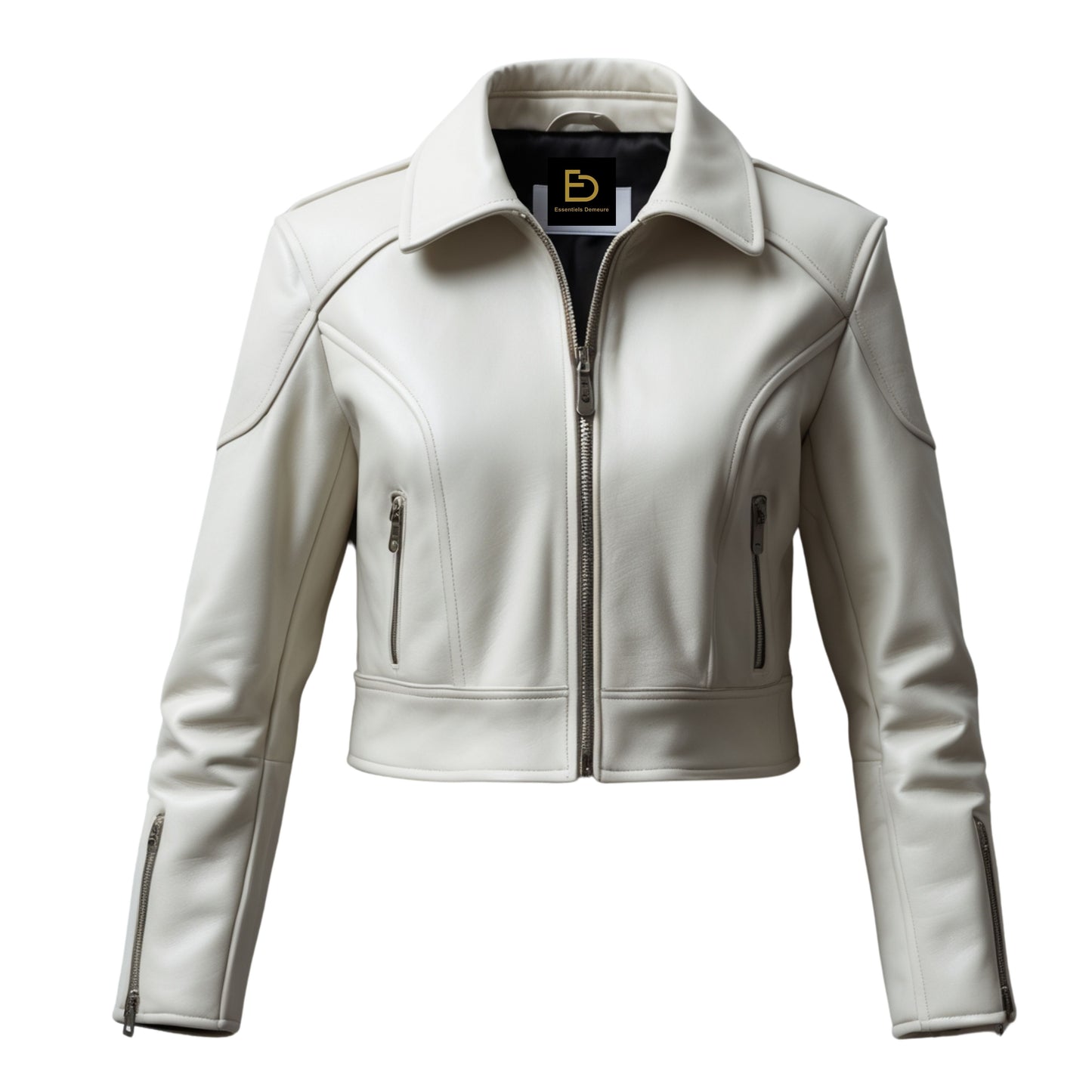 Womens Ivory Leather Moto Jacket: Cropped Zip Front Shirt Collar Coat