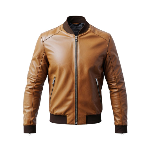 Men's Tan Real Leather Bomber Jacket – Slim Fit, Zipper Pockets, Urban Style