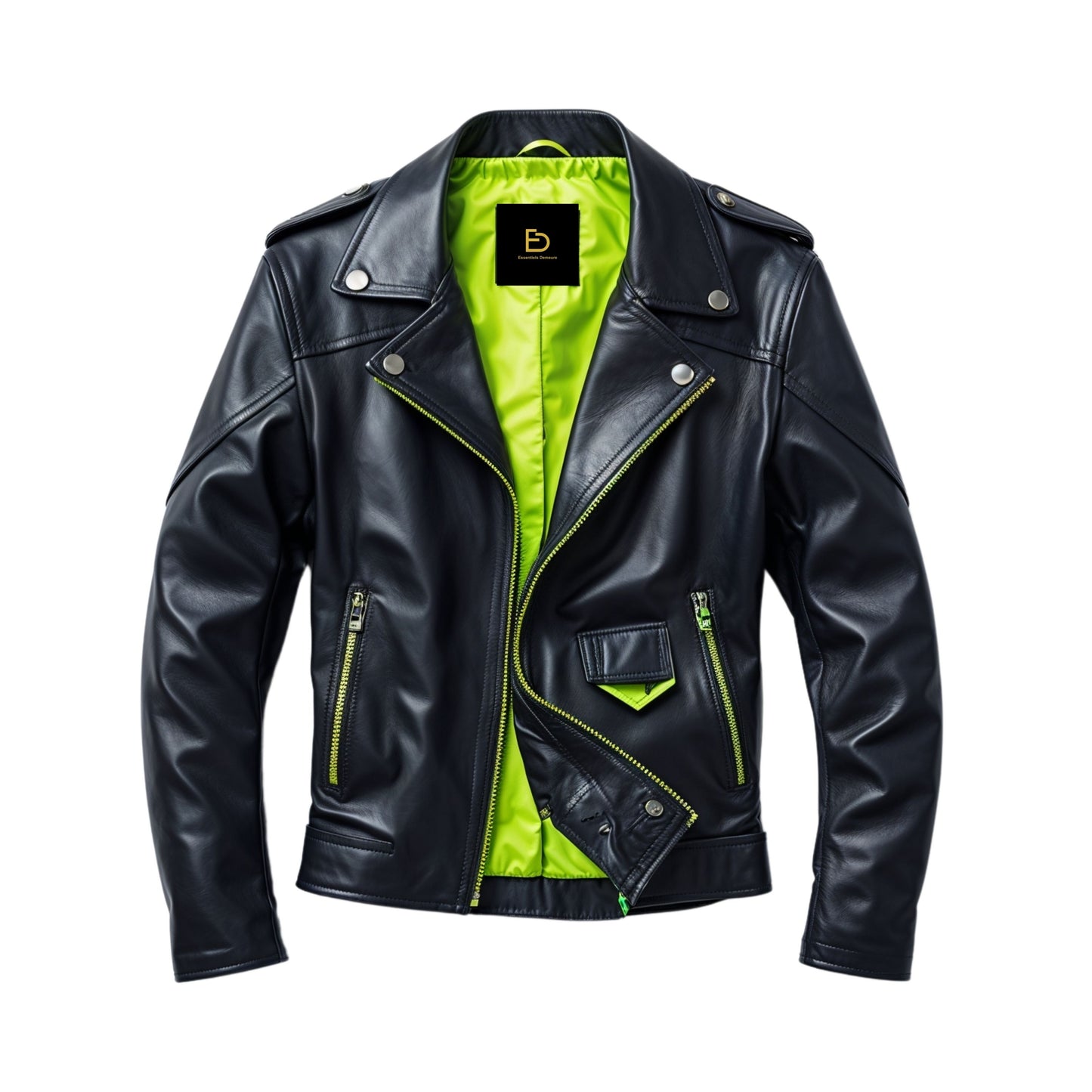 Men's Black Real Leather Biker Jacket with Neon Green Lining – Moto Streetwear