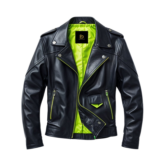 Men's Black Real Leather Biker Jacket with Neon Green Lining – Moto Streetwear