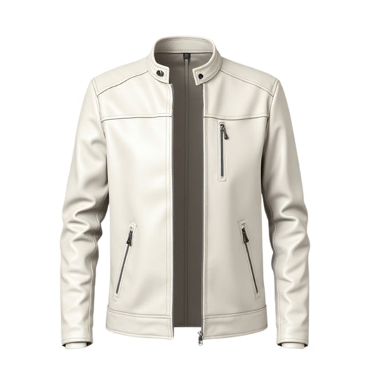 Men's White Real Leather Jacket: Stand Collar, Zipper Pockets, Modern Style