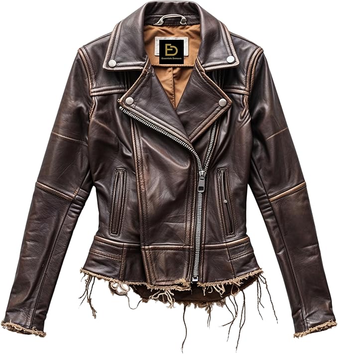 Womens Real Leather Distressed Moto Jacket Brown Asymmetrical Zip Front Frayed Edge Biker Style Slim Fit