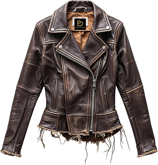 Womens Real Leather Distressed Moto Jacket Brown Asymmetrical Zip Front Frayed Edge Biker Style Slim Fit