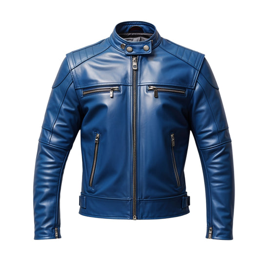 Blue Leather Moto Jacket with Stand Collar and Zipper Pockets – Streetwear Biker Style