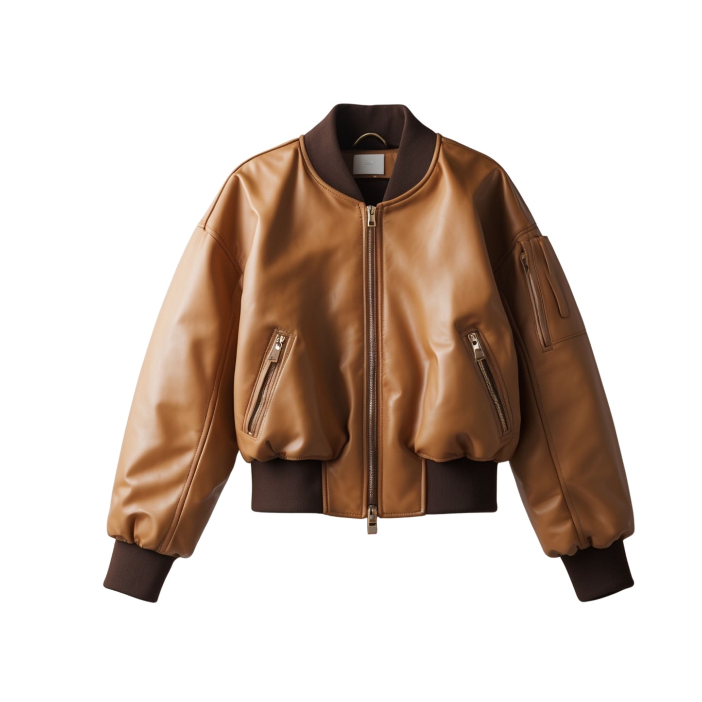 Tan Brown Real Leather Cropped Bomber Jacket – Oversized Streetwear Ribbed Collar Cuffs