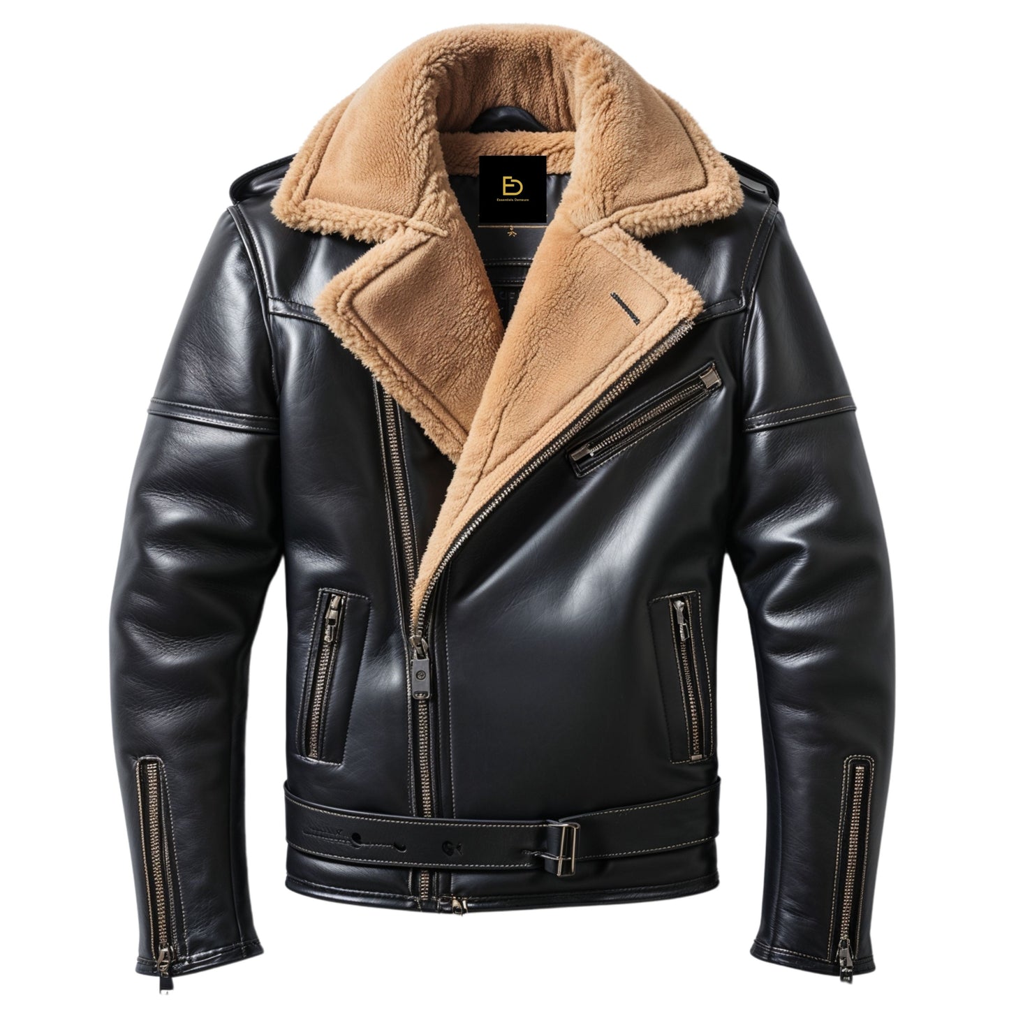 Men's Black Real Leather Shearling Moto Jacket with Wide Lapel Collar