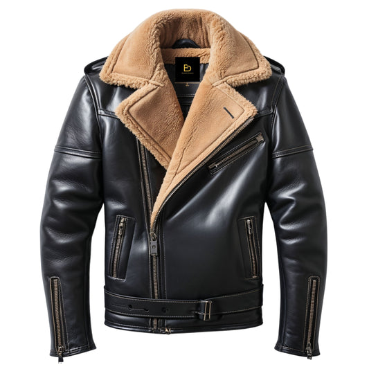 Men's Black Real Leather Shearling Moto Jacket with Wide Lapel Collar