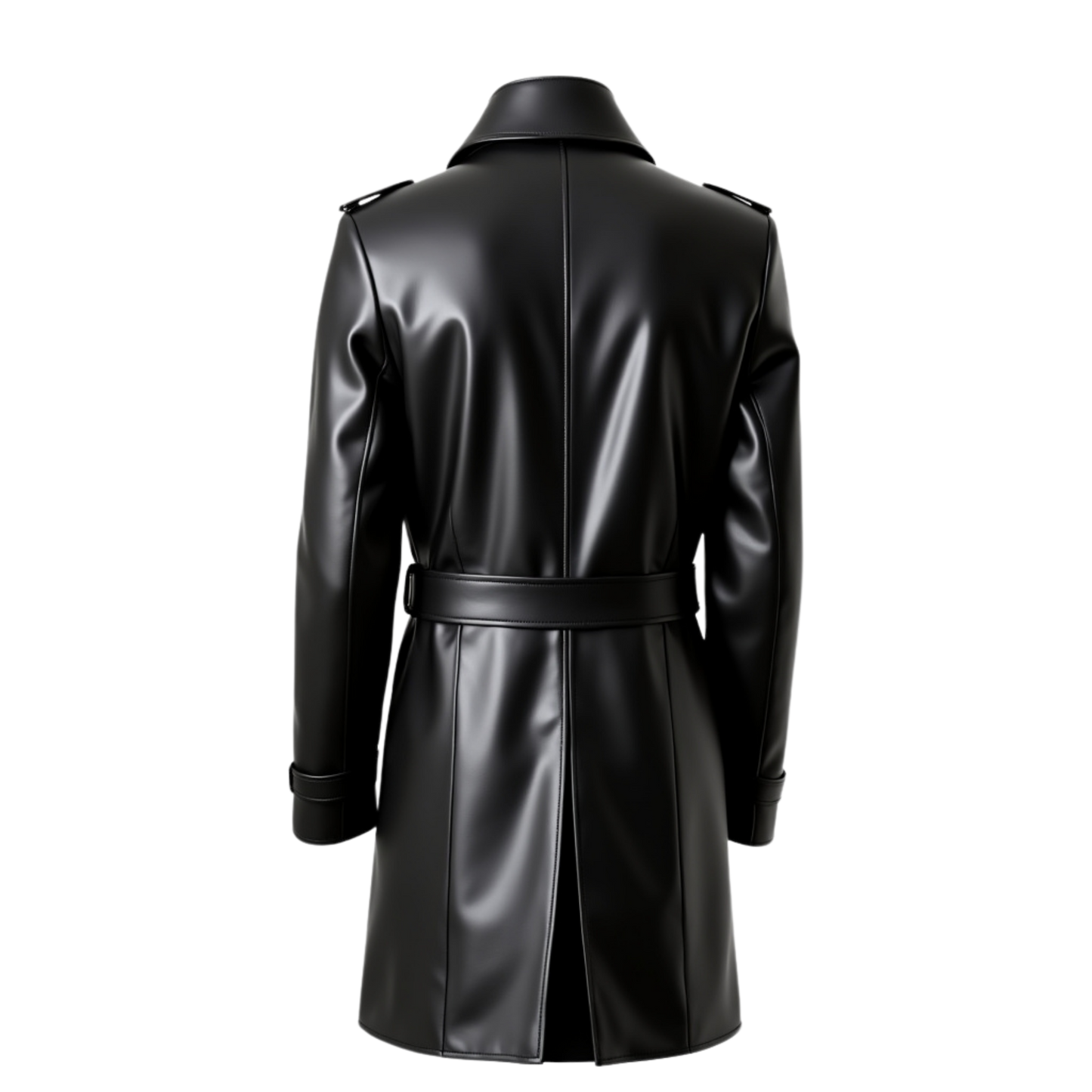 Men's Black Real Leather Trench Coat: Double Breasted, Belted, Full Length Overcoat