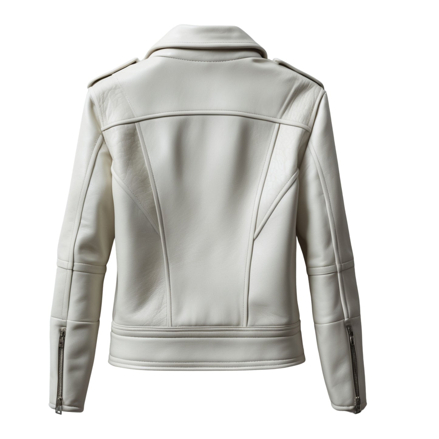 Womens Ivory Leather Moto Jacket: Cropped Zip Front Shirt Collar Coat