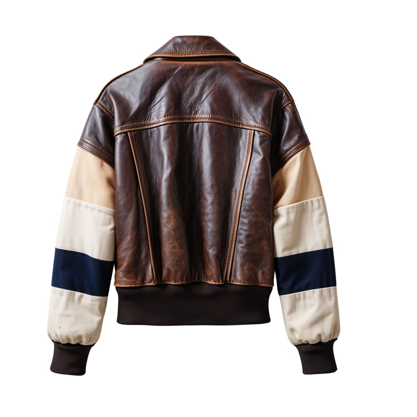 Brown Leather Varsity Bomber Jacket with Navy Stripe Sleeves – Sporty Retro Style