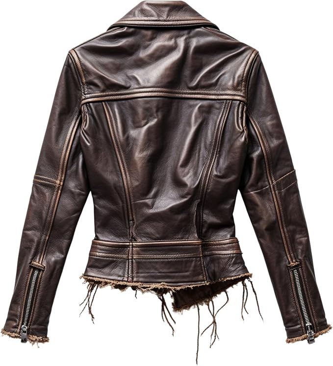 Womens Real Leather Distressed Moto Jacket Brown Asymmetrical Zip Front Frayed Edge Biker Style Slim Fit