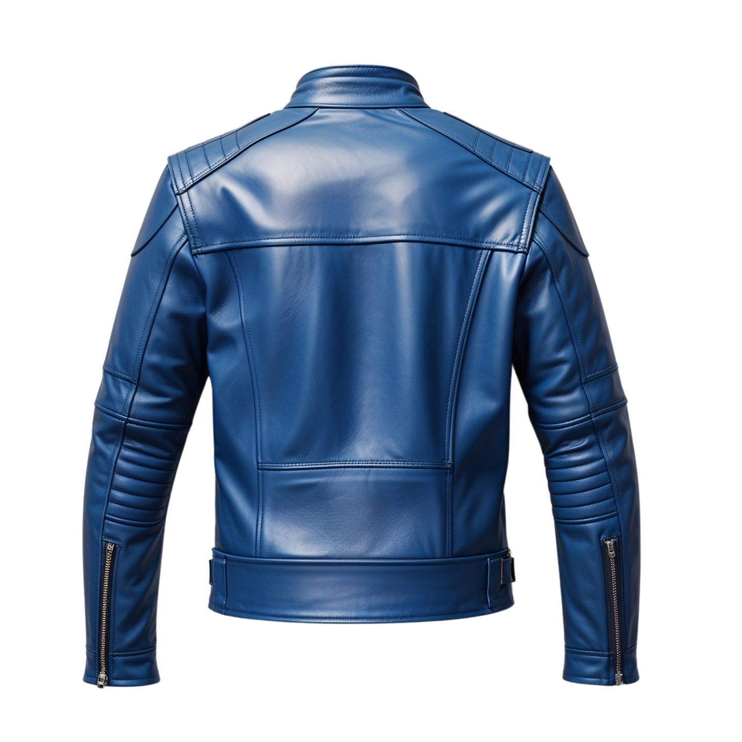 Blue Leather Moto Jacket with Stand Collar and Zipper Pockets – Streetwear Biker Style