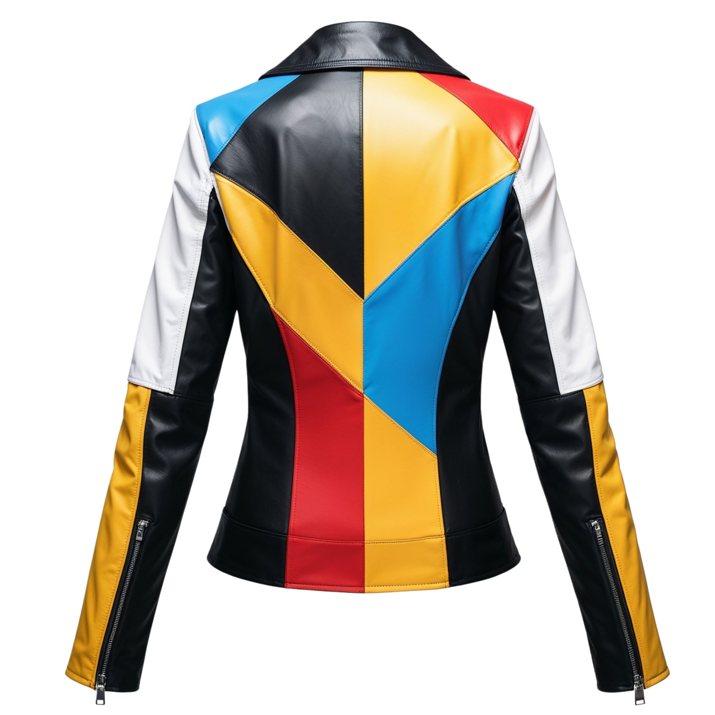 Colorblock Leather Moto Jacket: Asymmetric Zip Biker Style Blue Yellow Red White Panels