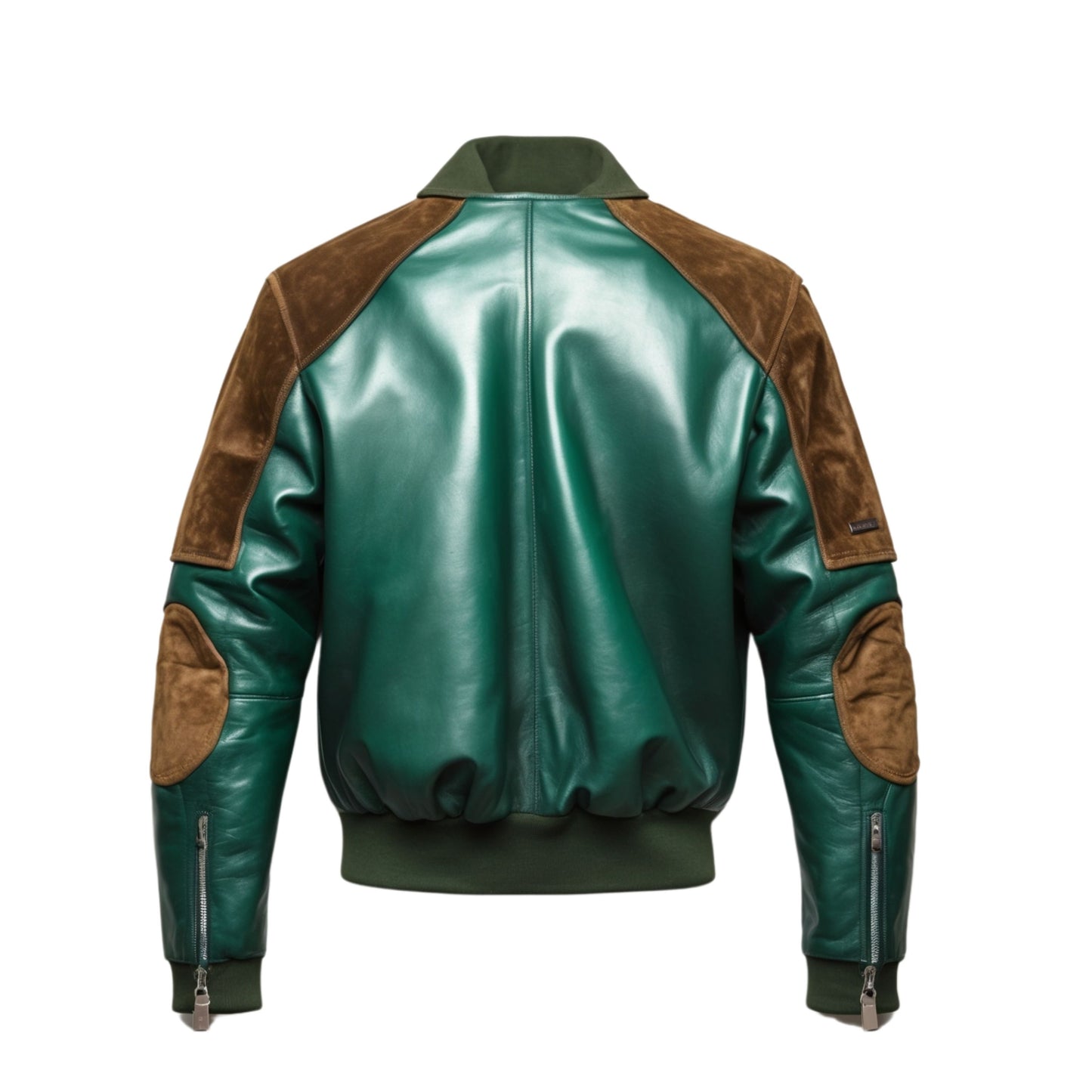 Green Leather Bomber Jacket with Brown Suede Shoulder Panels, Modern Zip Up Style