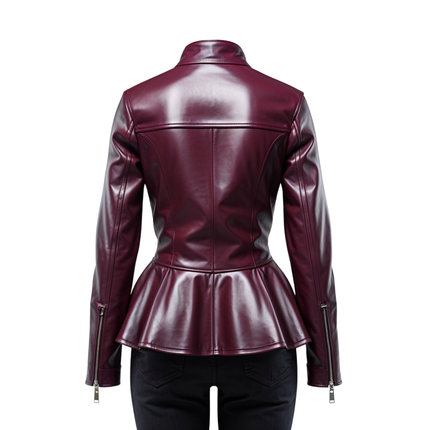 Womens Burgundy Real Leather Peplum Moto Jacket, Stand Collar Zip Front