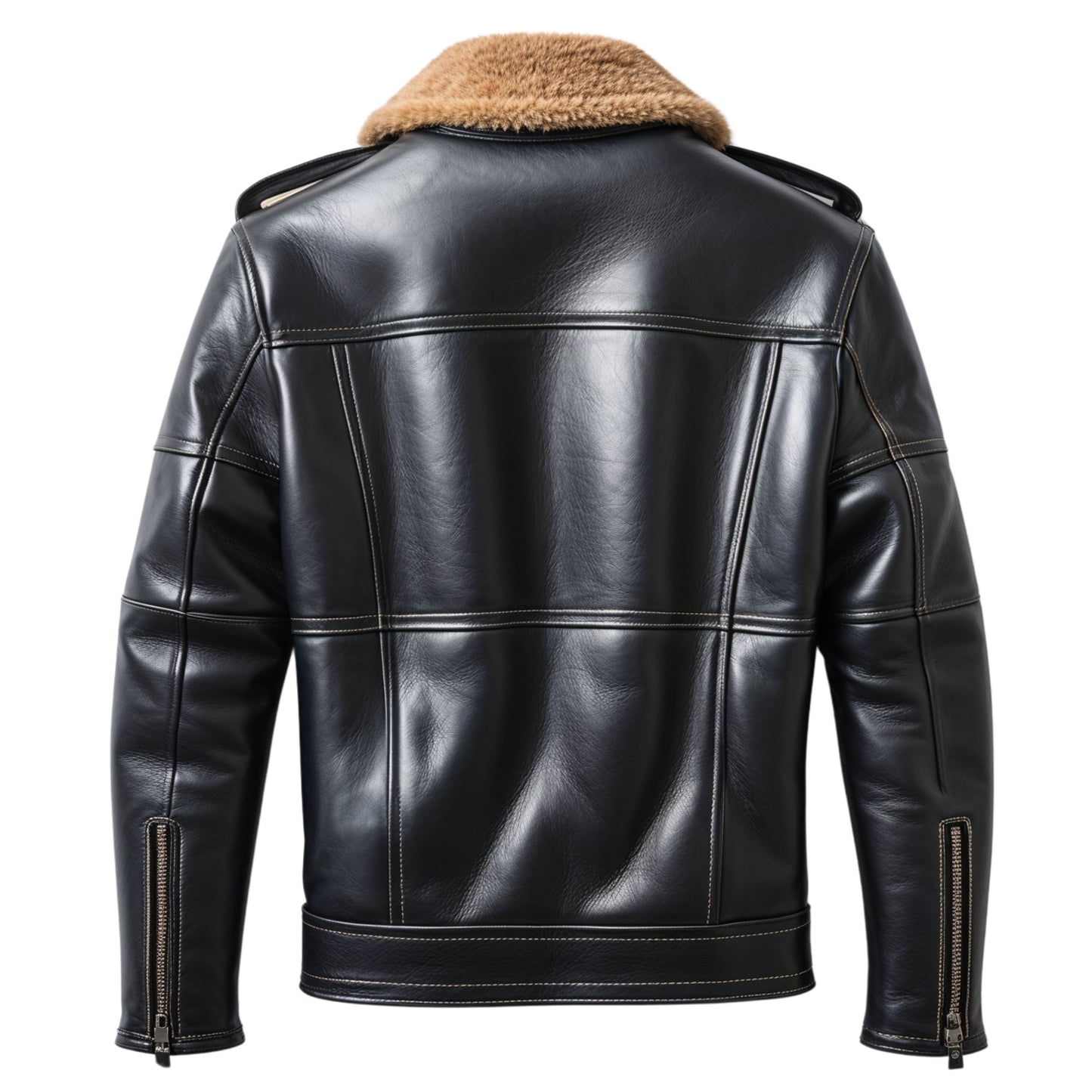 Men's Black Real Leather Shearling Moto Jacket with Wide Lapel Collar