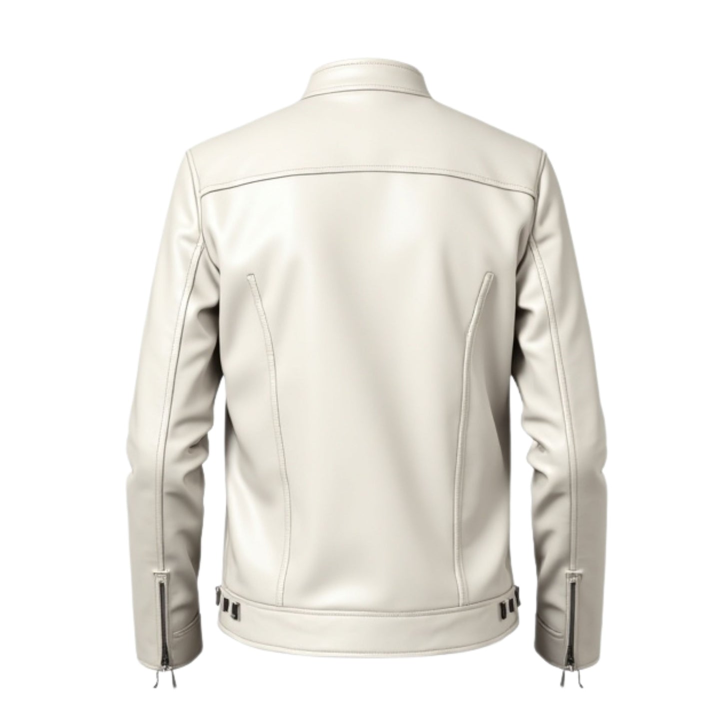Men's White Real Leather Jacket: Stand Collar, Zipper Pockets, Modern Style