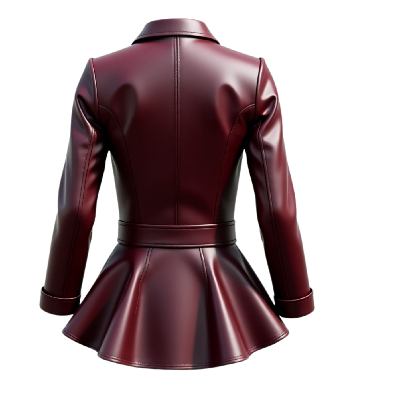 Burgundy Leather Peplum Jacket: Fitted Zip Front Elegant Flared Hem Coat