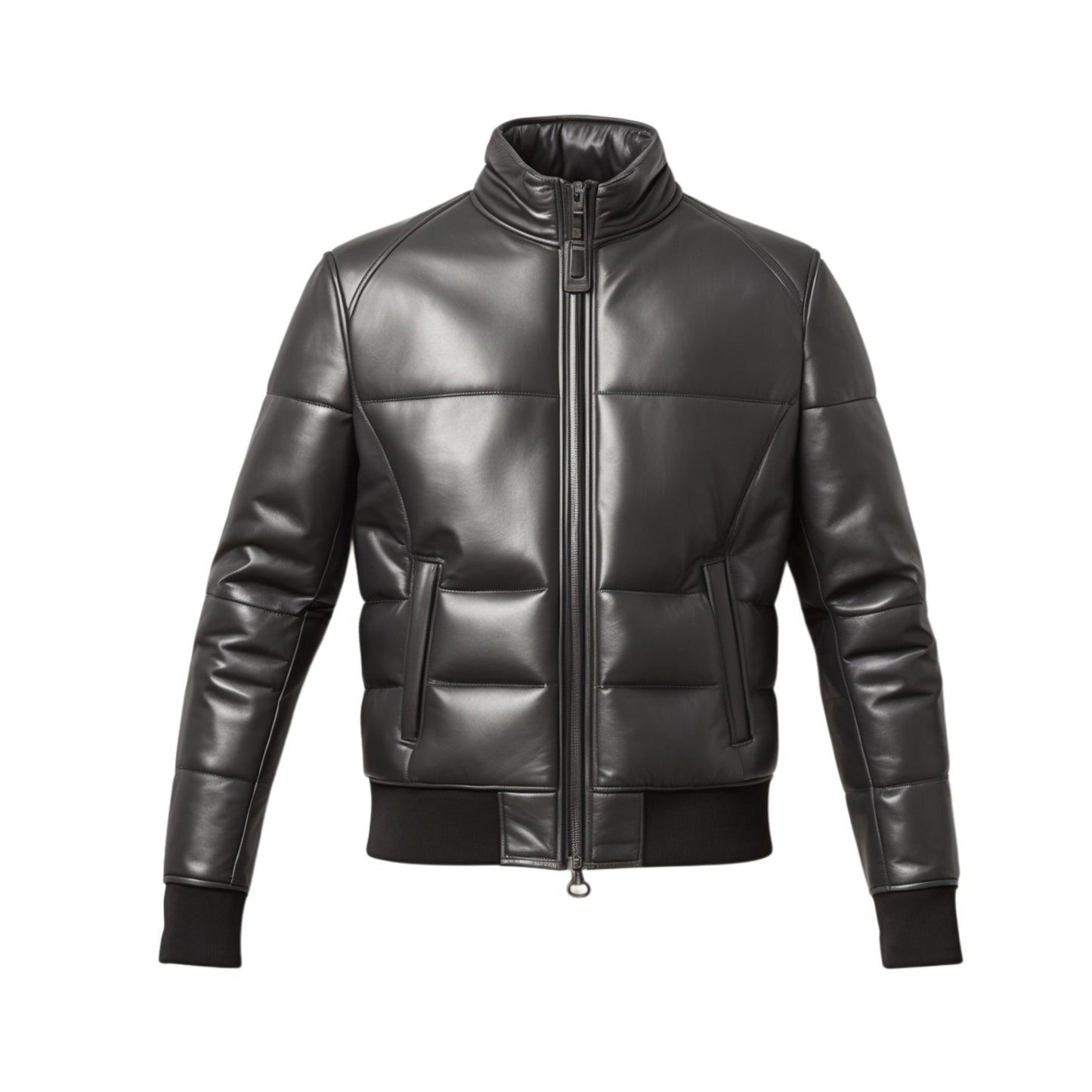Men's Black Leather Puffer Jacket: Zip Front, Ribbed Cuffs, Winter Warmth