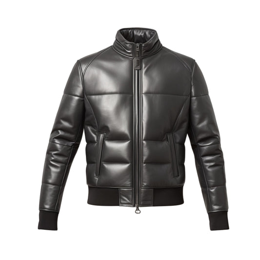 Men's Black Leather Puffer Jacket: Zip Front, Ribbed Cuffs, Winter Warmth