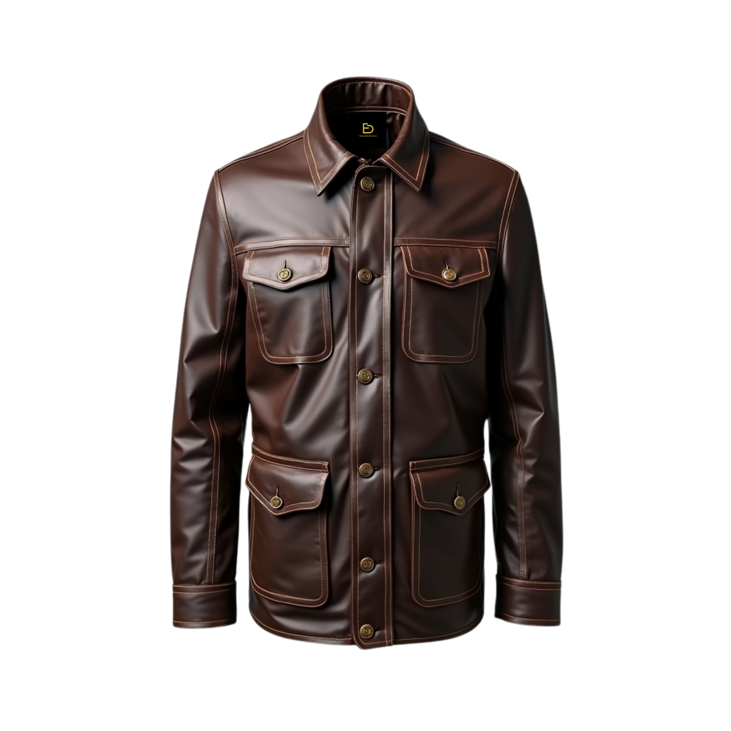 Brown Leather Field Jacket: Four Pocket Utility Coat, Military Style Workwear