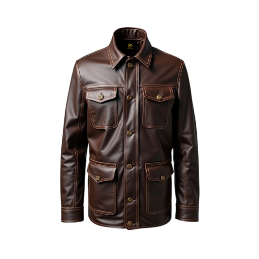Brown Leather Field Jacket: Four Pocket Utility Coat, Military Style Workwear