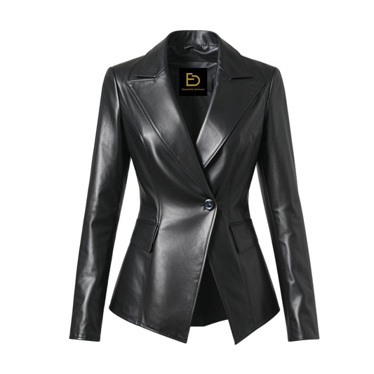 Black Real Leather Blazer Jacket: Tailored Slim Fit, Notched Lapel, Single Button Style