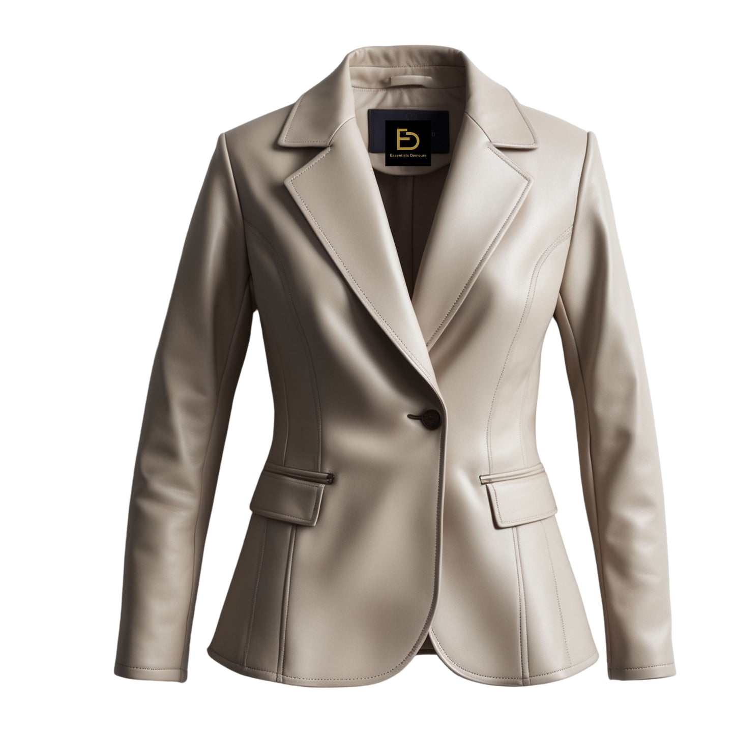 Real Leather Blazer Jacket: Cream Beige Single Button Tailored Office Coat