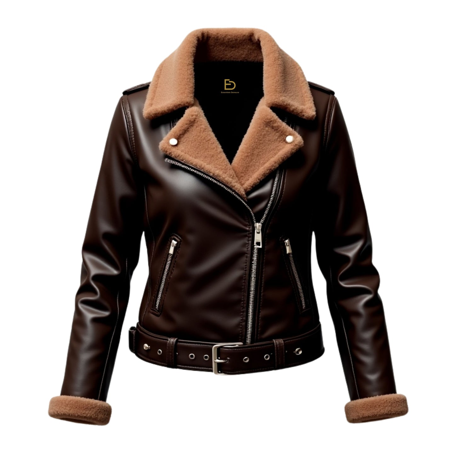 Brown Leather Shearling Biker Jacket: Asymmetrical Zip Moto Coat with Belt