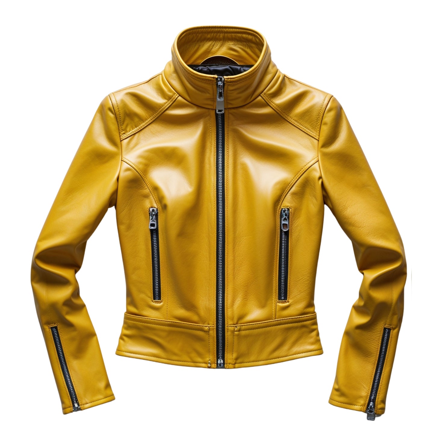 Yellow Leather Cropped Moto Jacket: Slim Fit Biker Style with Zip Pockets