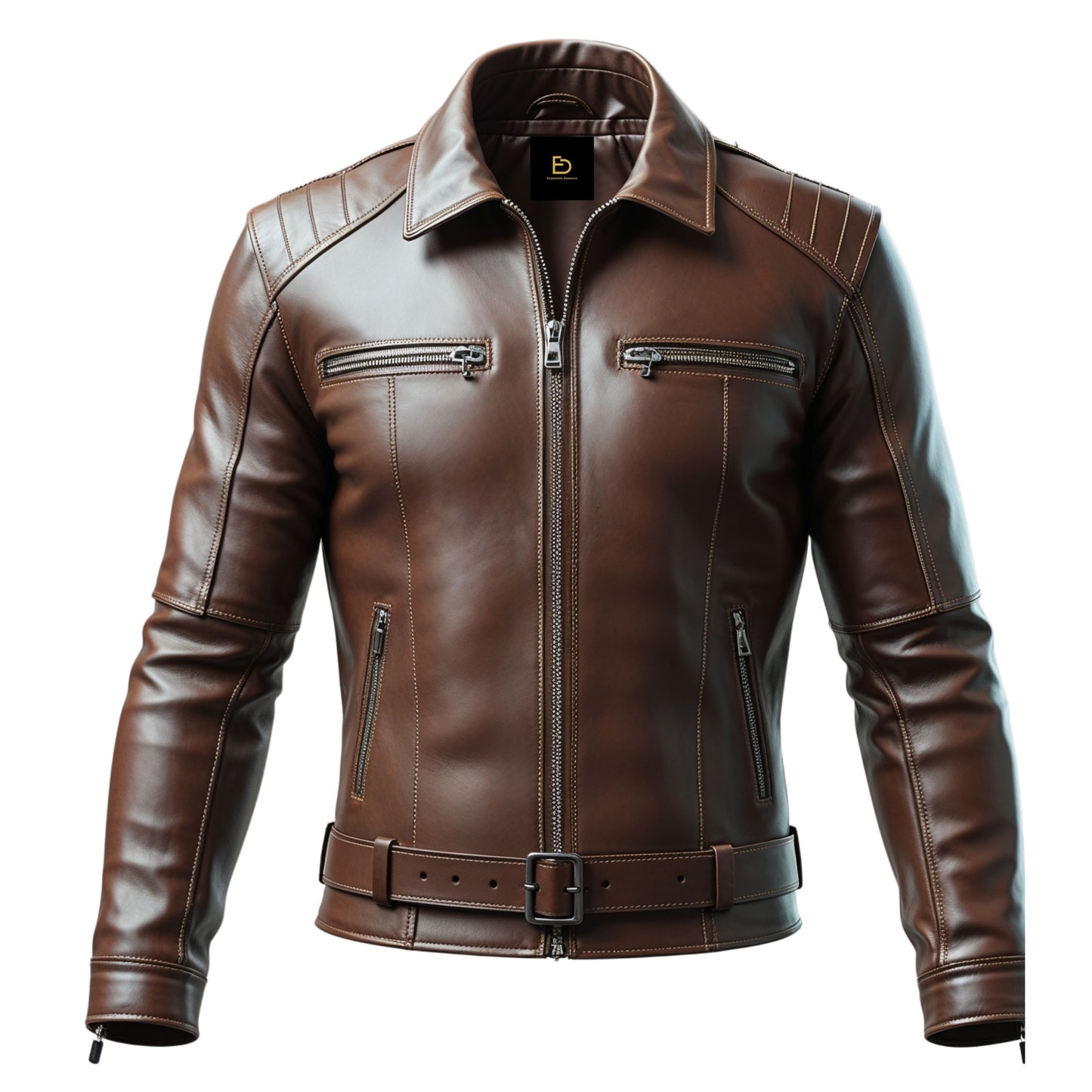 Men's Brown Real Leather Moto Jacket with Quilted Shoulders and Belt