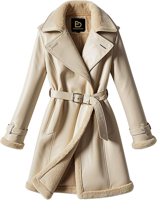 Women Real Leather Cream Shearling Trench Coat Belted Double Breasted Elegant Winter Wear Fashion Style