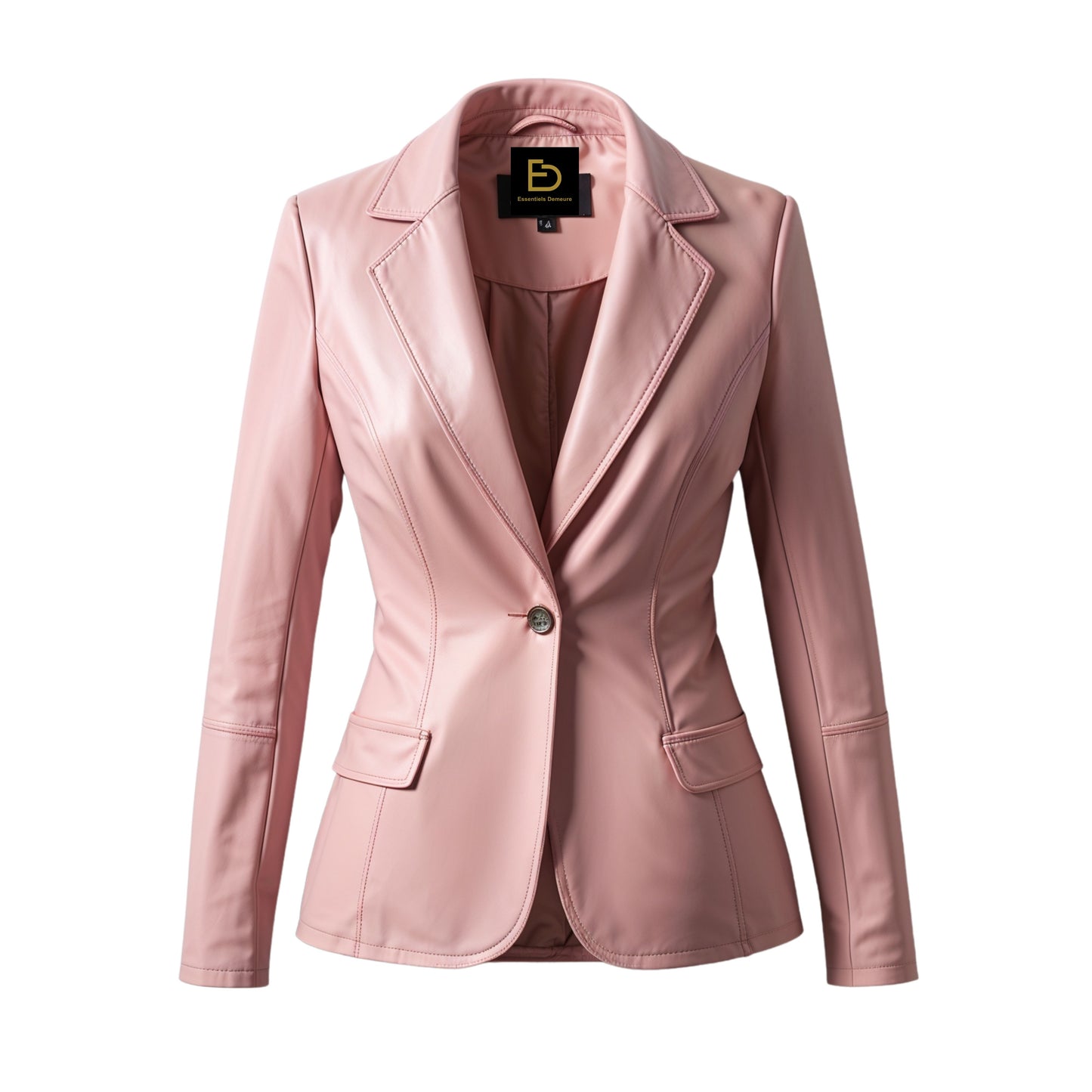 Womens Pink Real Leather Blazer Jacket with Notched Lapel, Feminine Office Style