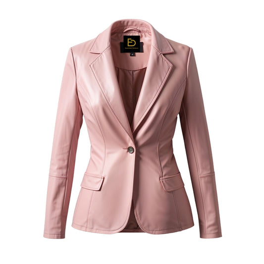 Womens Pink Real Leather Blazer Jacket with Notched Lapel, Feminine Office Style