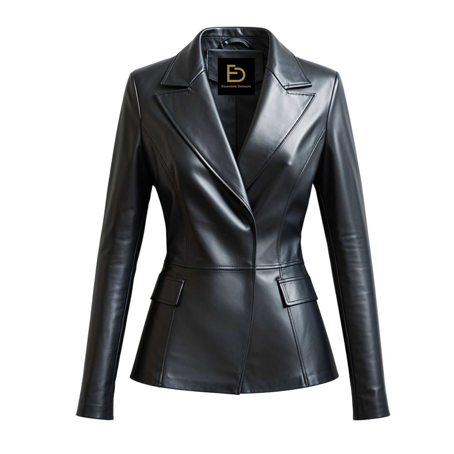 Womens Black Real Leather Blazer Jacket Tailored Lapel Office Coat
