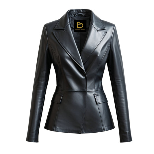 Womens Black Real Leather Blazer Jacket Tailored Lapel Office Coat