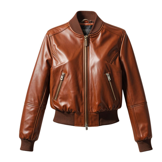 Brown Leather Cropped Bomber Jacket: Ribbed Collar, Zip Pockets, Flight Style