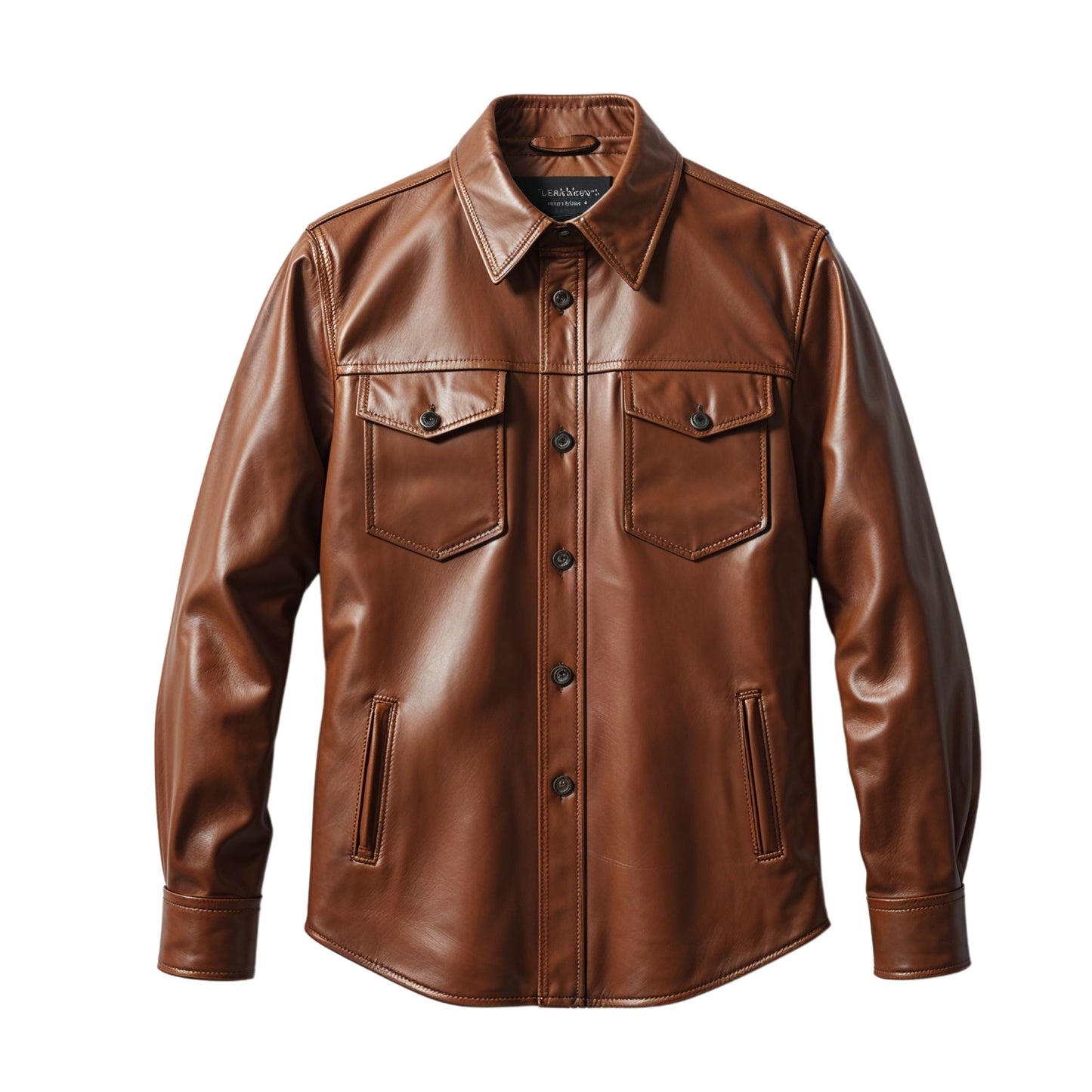 Classic Brown Leather Shirt Jacket: Button Front, Dual Chest Pockets, Smart Casual Wear
