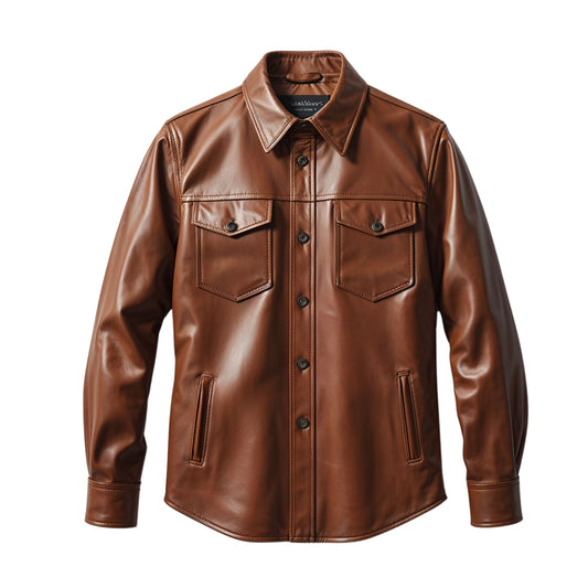 Classic Brown Leather Shirt Jacket: Button Front, Dual Chest Pockets, Smart Casual Wear
