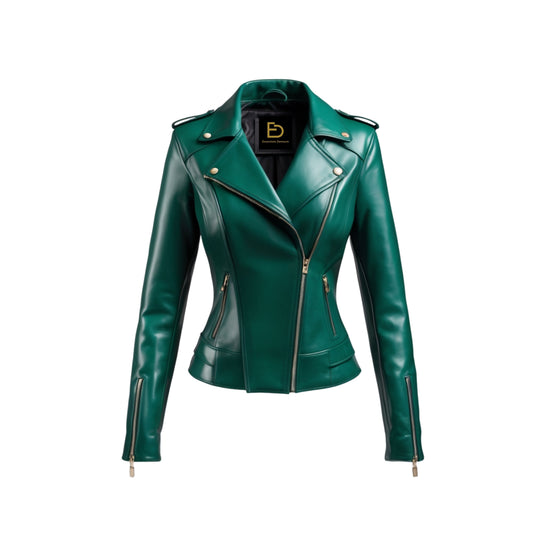 Emerald Green Leather Moto Biker Jacket: Slim Fit, Gold Hardware Coat